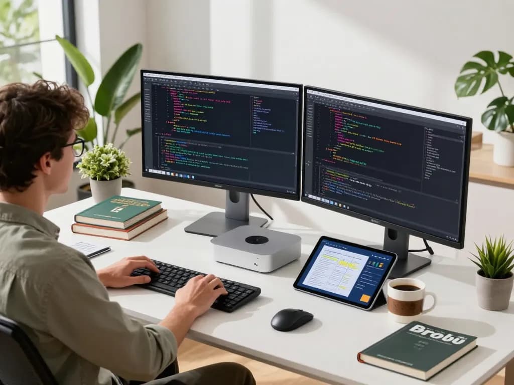 Developer coding at a modern workstation with a Mac mini, showcasing productivity in a vibrant tech environment.