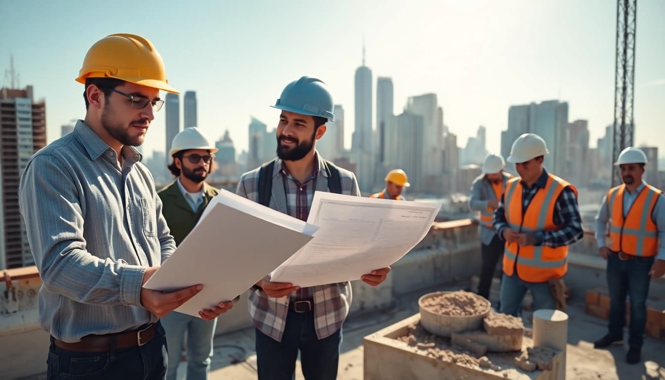 New York City General Contractor team reviewing project plans on a high-rise site.
