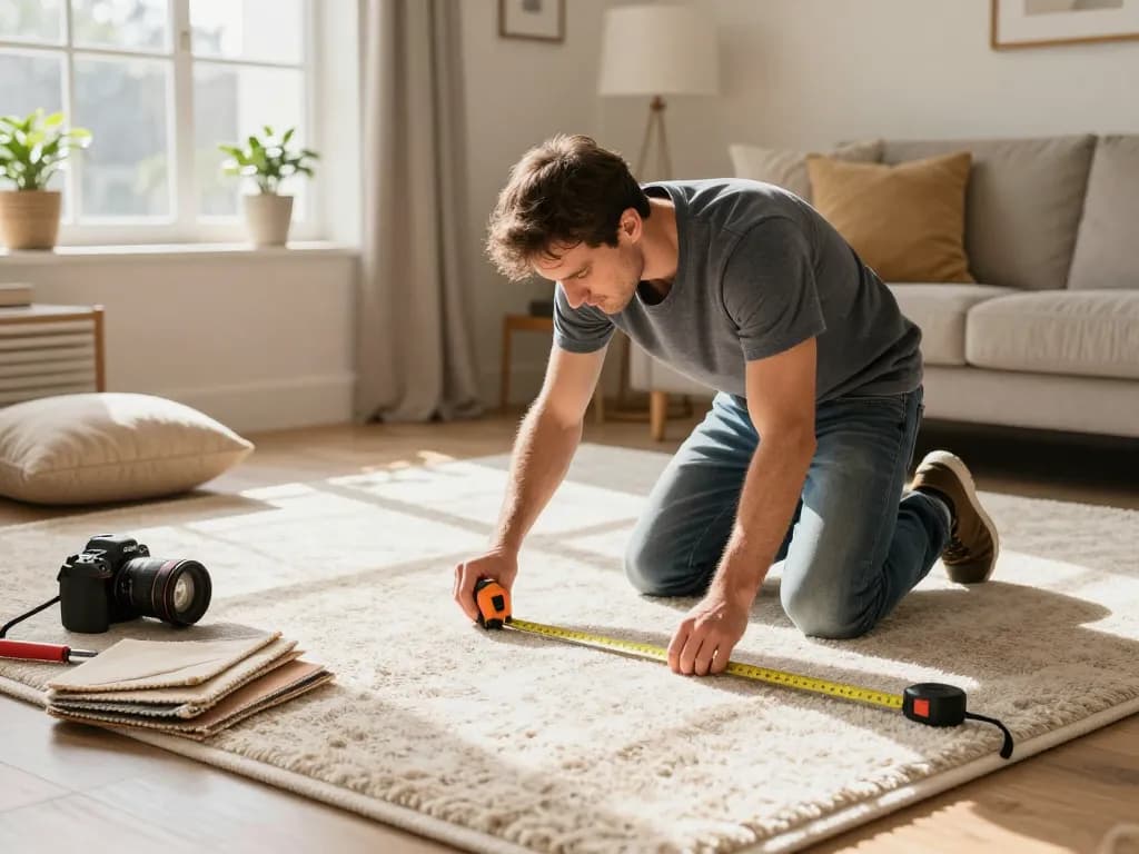 Carpet fitters near me measuring living room with carpet samples and tools, showcasing professional installation.