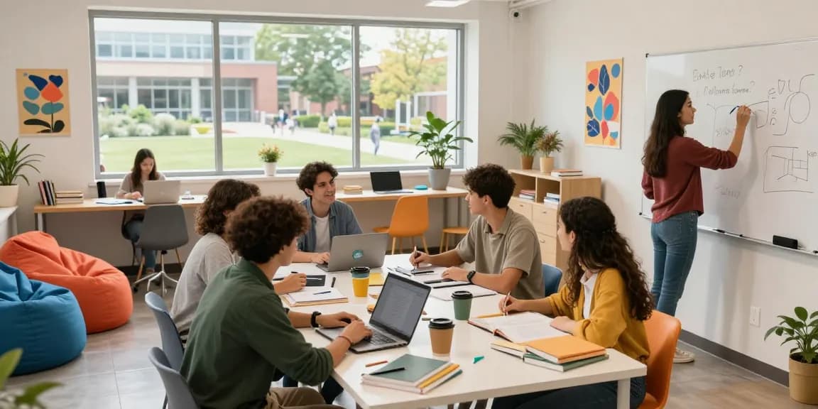 Students in a modern shared living space for Student Accommodation Northampton collaborating on group studies.