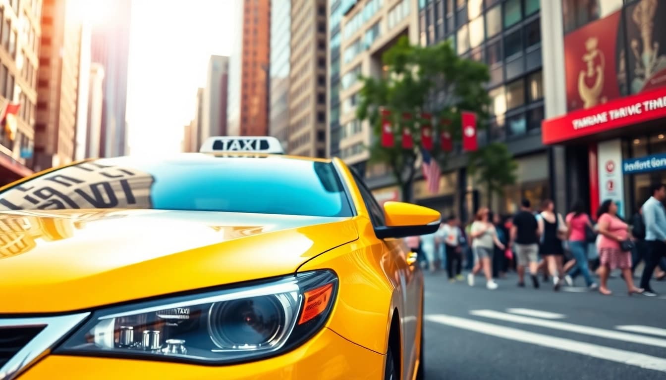Taxis parked in a busy urban area showcasing a vibrant cityscape and bustling streets.
