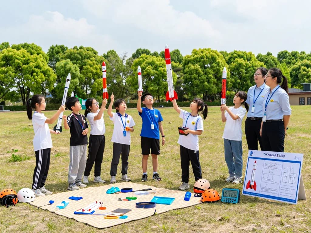 Children launching model rockets in a sunny field, showcasing STEM education excitement.