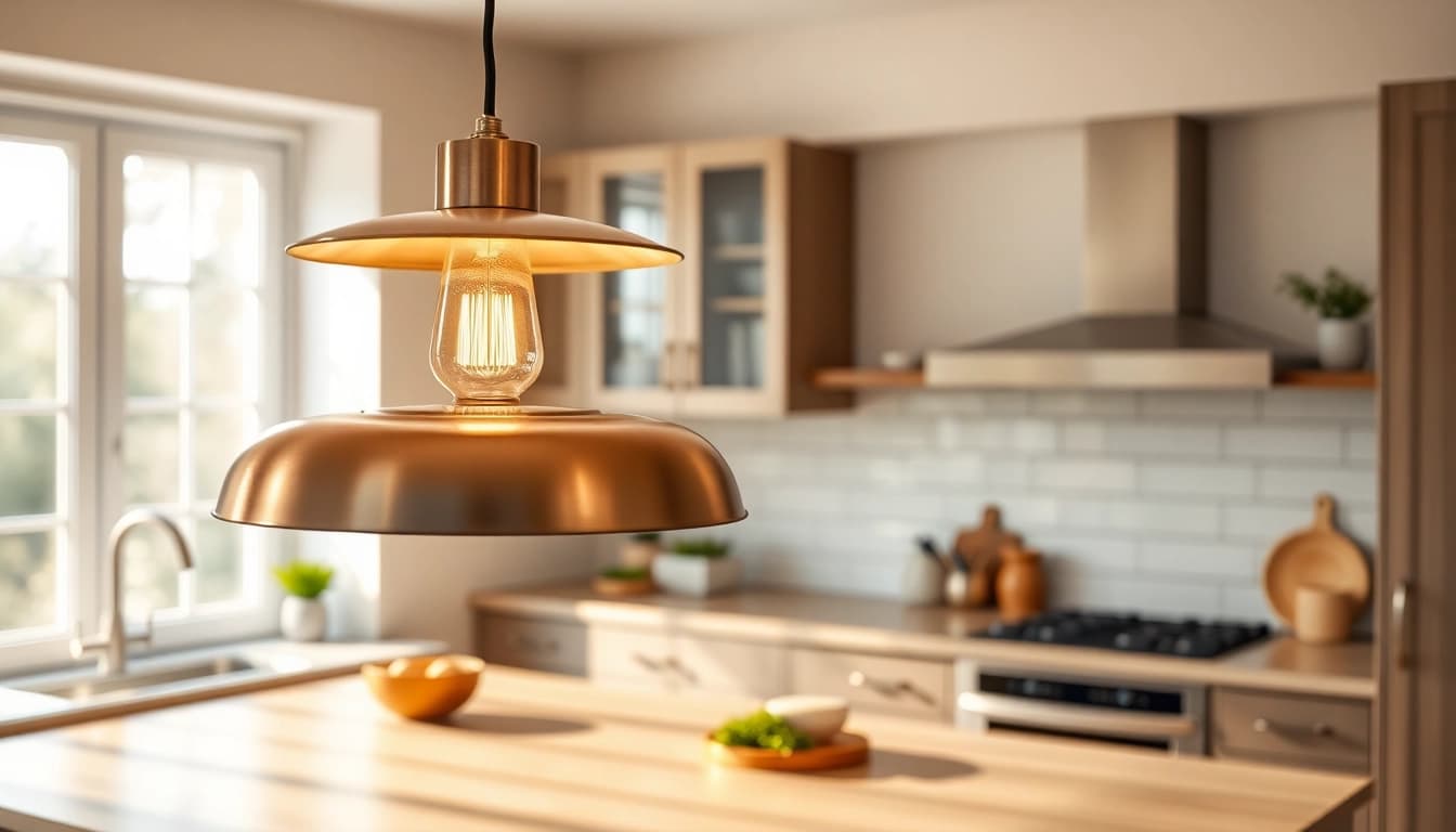 Stylish island light fixture illuminating a modern kitchen space with inviting warmth.