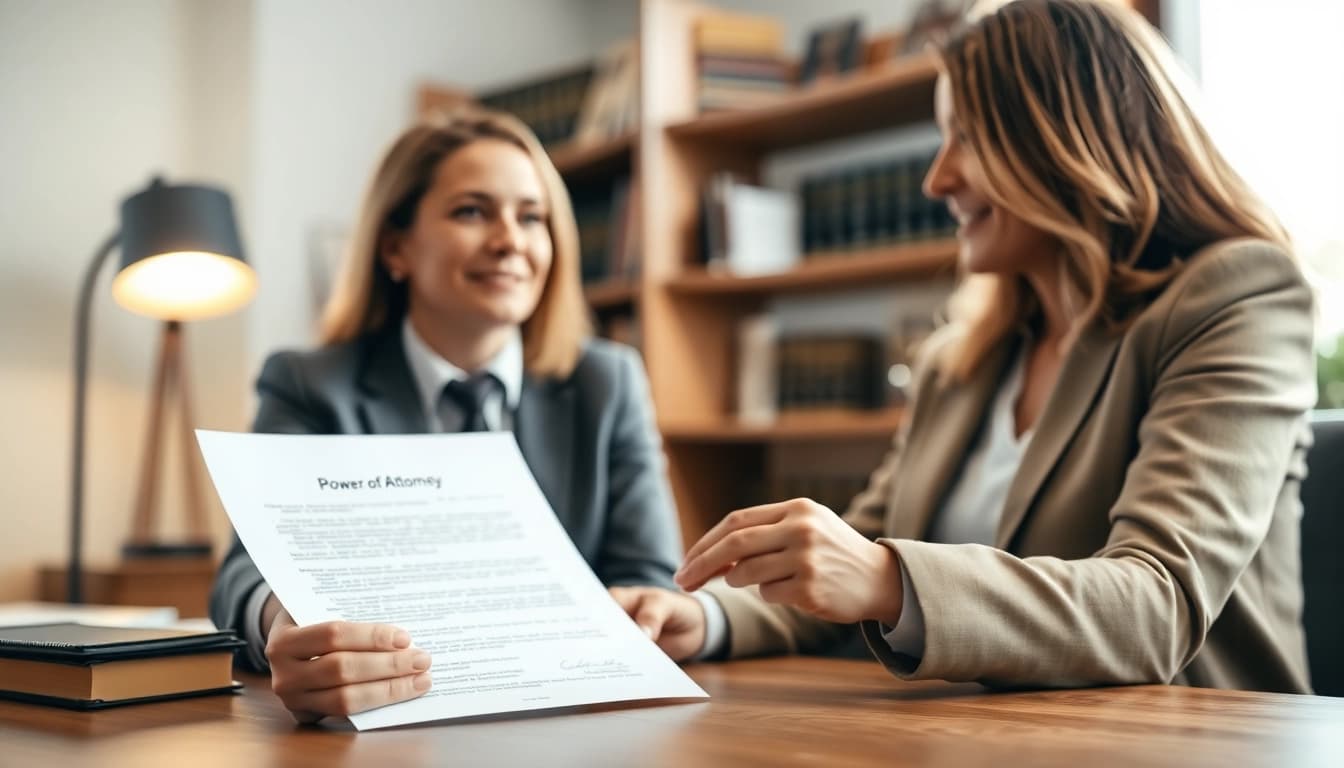 Client signing a Power of Attorney document with an attorney in a professional office setting.