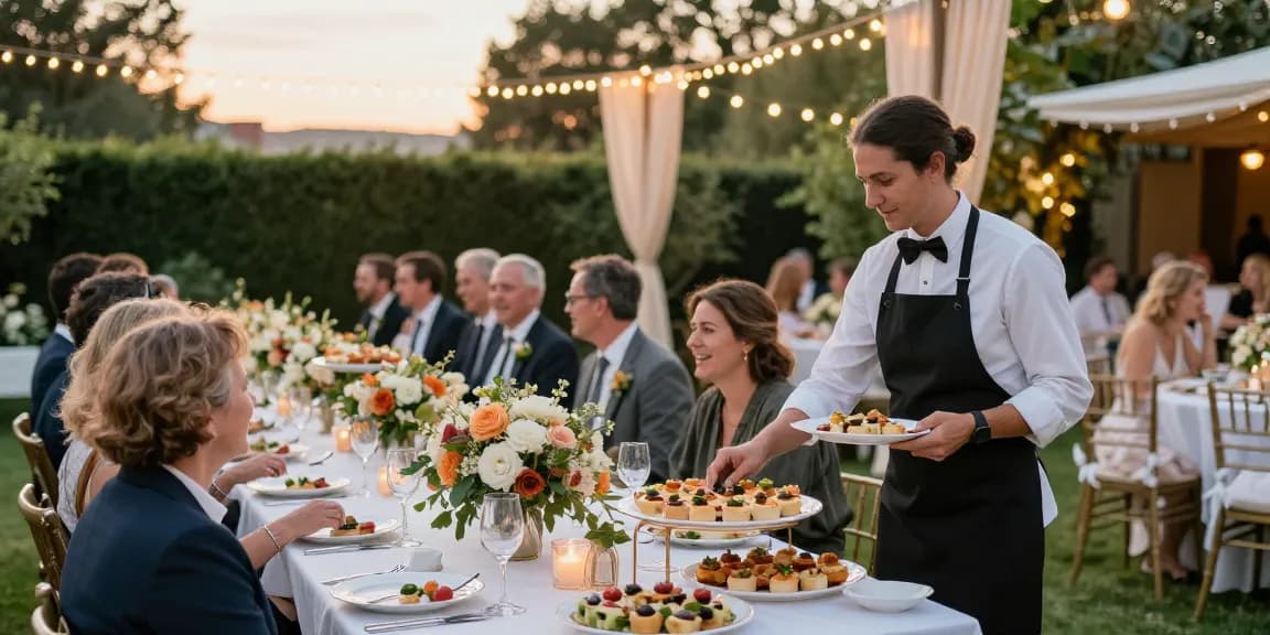 Catering Hire London service showcased at a sunset wedding reception with elegantly dressed staff serving gourmet food to enjoying guests.