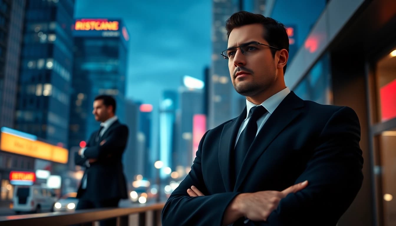 Bodyguards for hire demonstrate professionalism in an urban security setting.