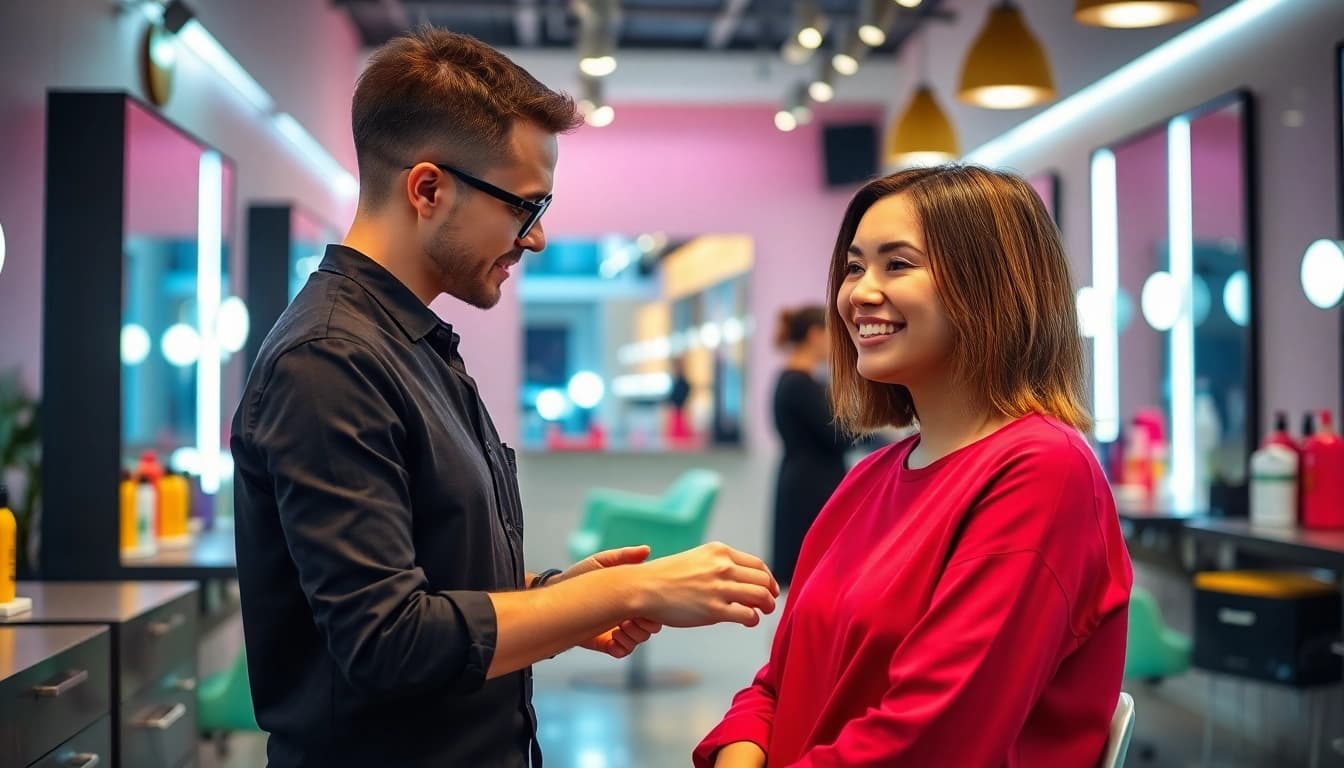 Engaging scene of a stylist providing hair salon reviews service to a delighted client.