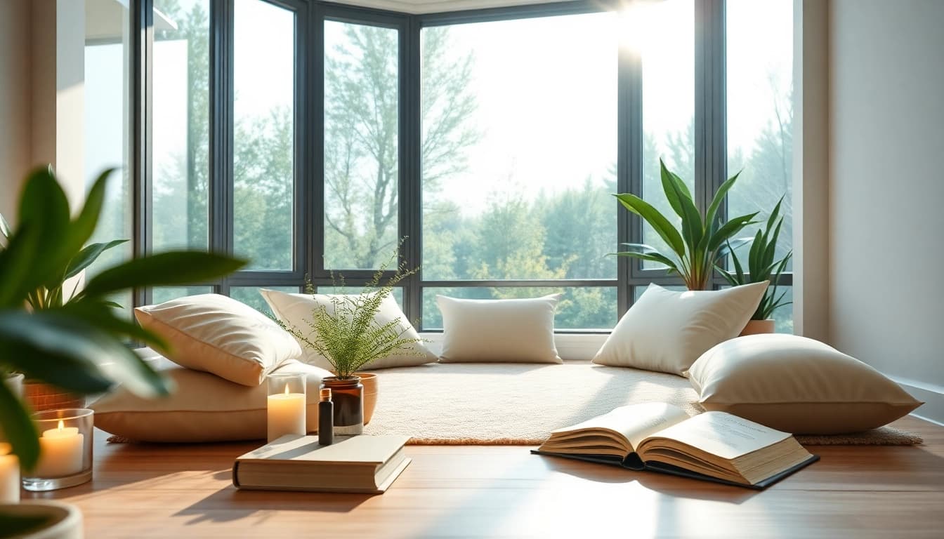 Mindful meditation corner representing mental wellness with natural light and calming décor.