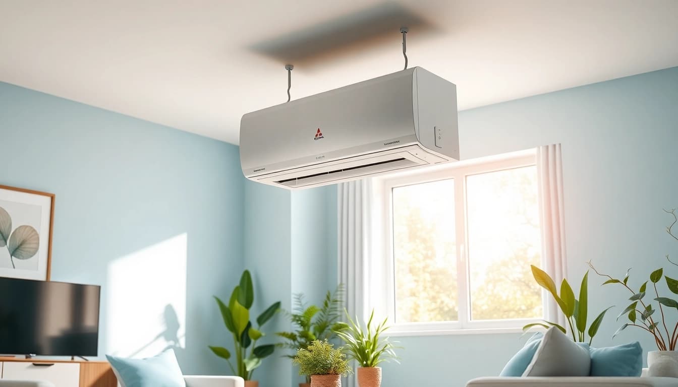Mitsubishi mini split AC providing efficient cooling in a modern living room.
