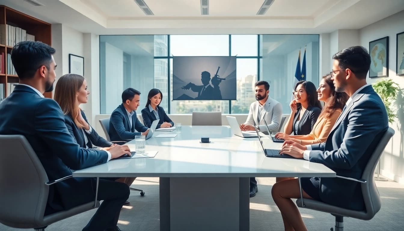 Immigration lawyers in the US collaborating in a modern law office setting.