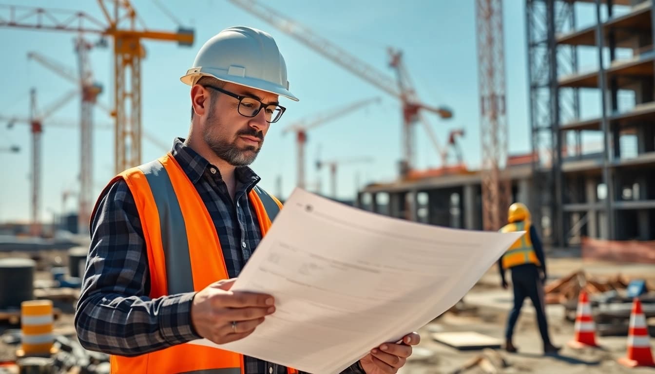 New Jersey Construction Manager reviewing blueprints at a busy construction site