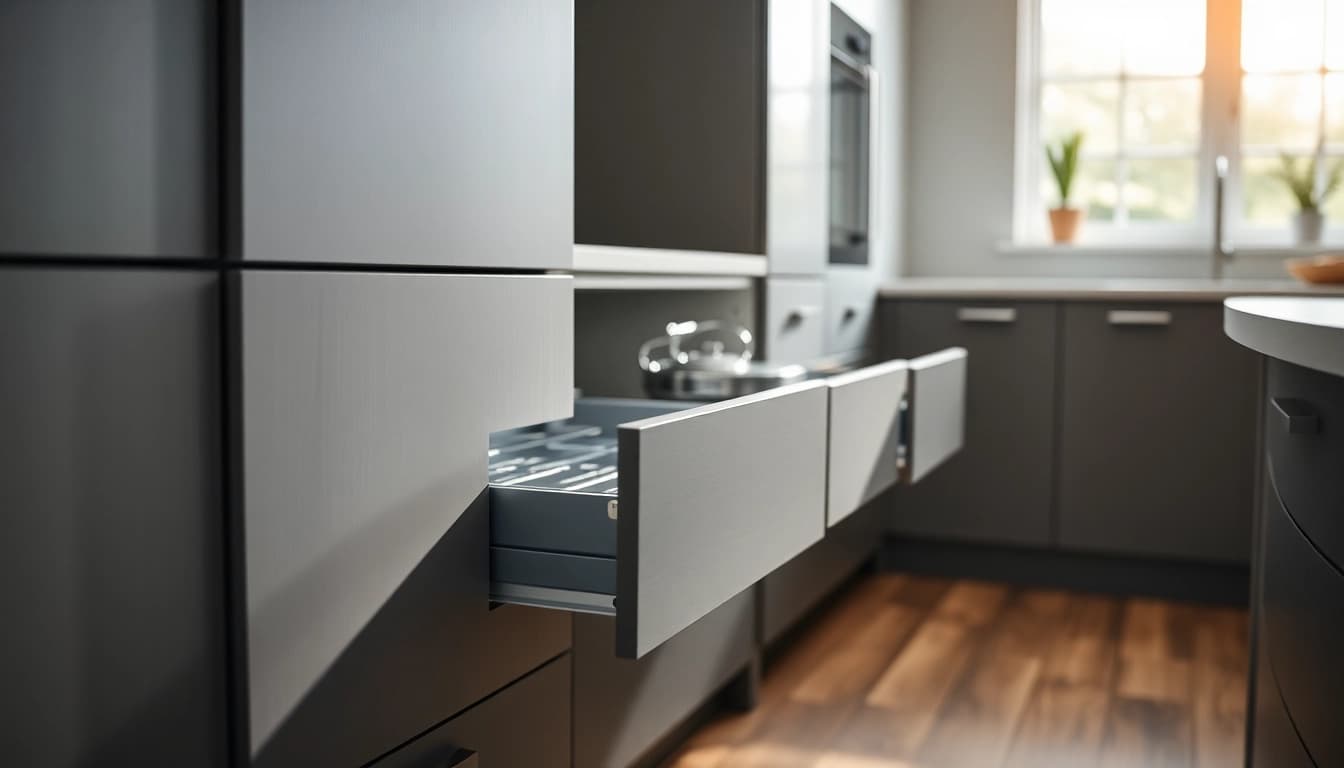 Showcase the Double Wall Drawer System in action, emphasizing organized storage and sleek design.