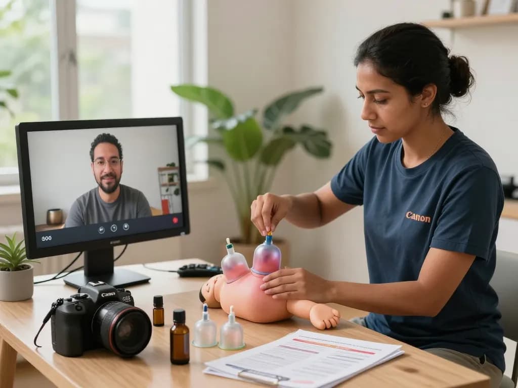 Learn Hijama course online with expert instructor demonstrating techniques in a serene setting.