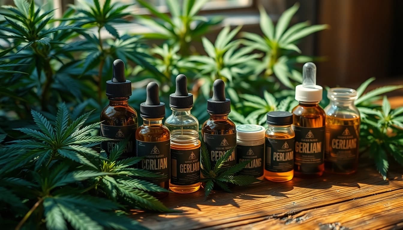 Buy Cannabis concentrates UK: an elegant display of various concentrates on a wooden table with cannabis leaves.