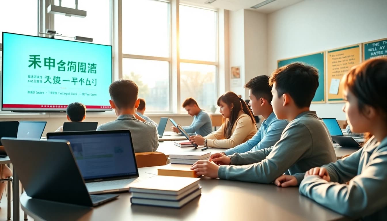 Students using 有道 translation software in a modern digital classroom.
