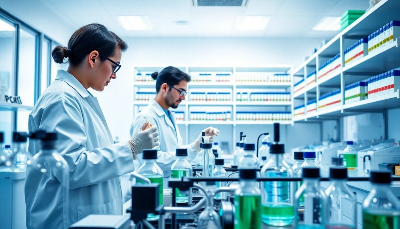 Researching peptides in a modern lab with advanced equipment and scientists at work.