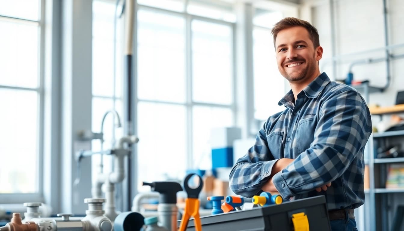 Hire a skilled plumber near me showcasing tools in a bright workshop.