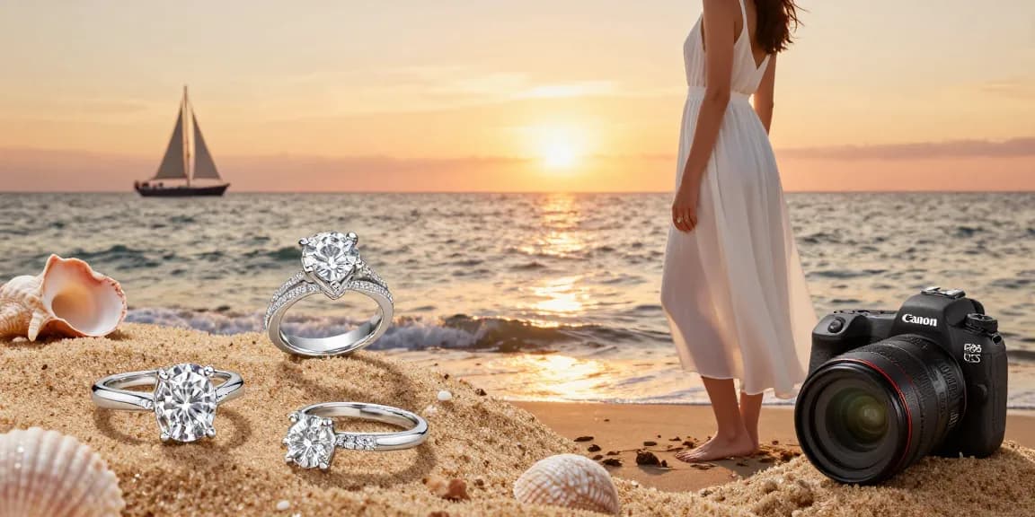 Explore stunning lab grown diamond ring UK collection in a romantic beach setting with sea-inspired jewellery.