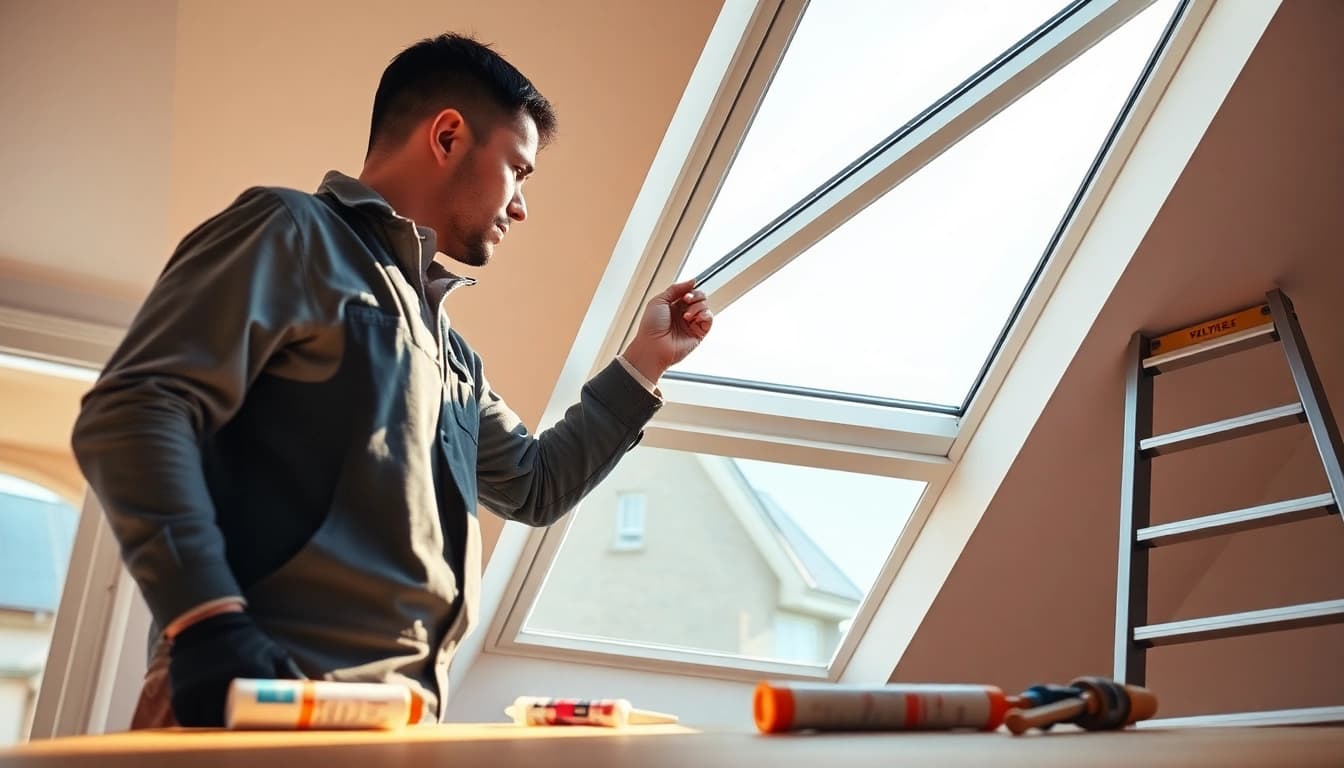 Velux repairs in action, showcasing a technician fixing a skylight with natural light.
