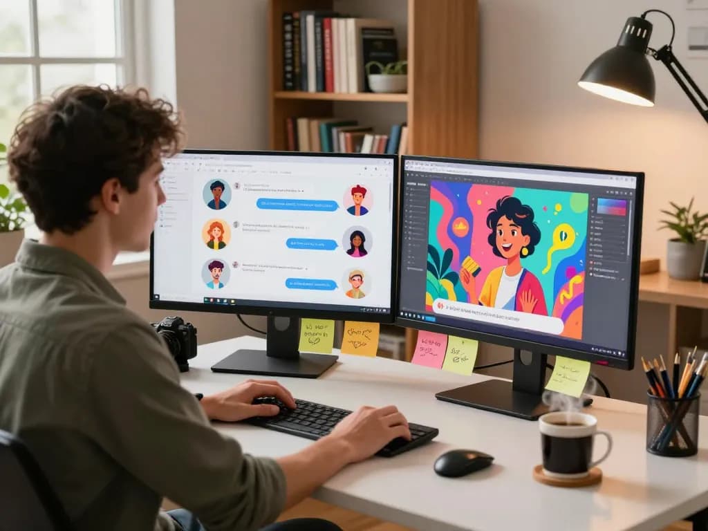 Engaging with crush on ai characters in a cozy home office setup, showcasing vibrant digital interactions and creative atmosphere.
