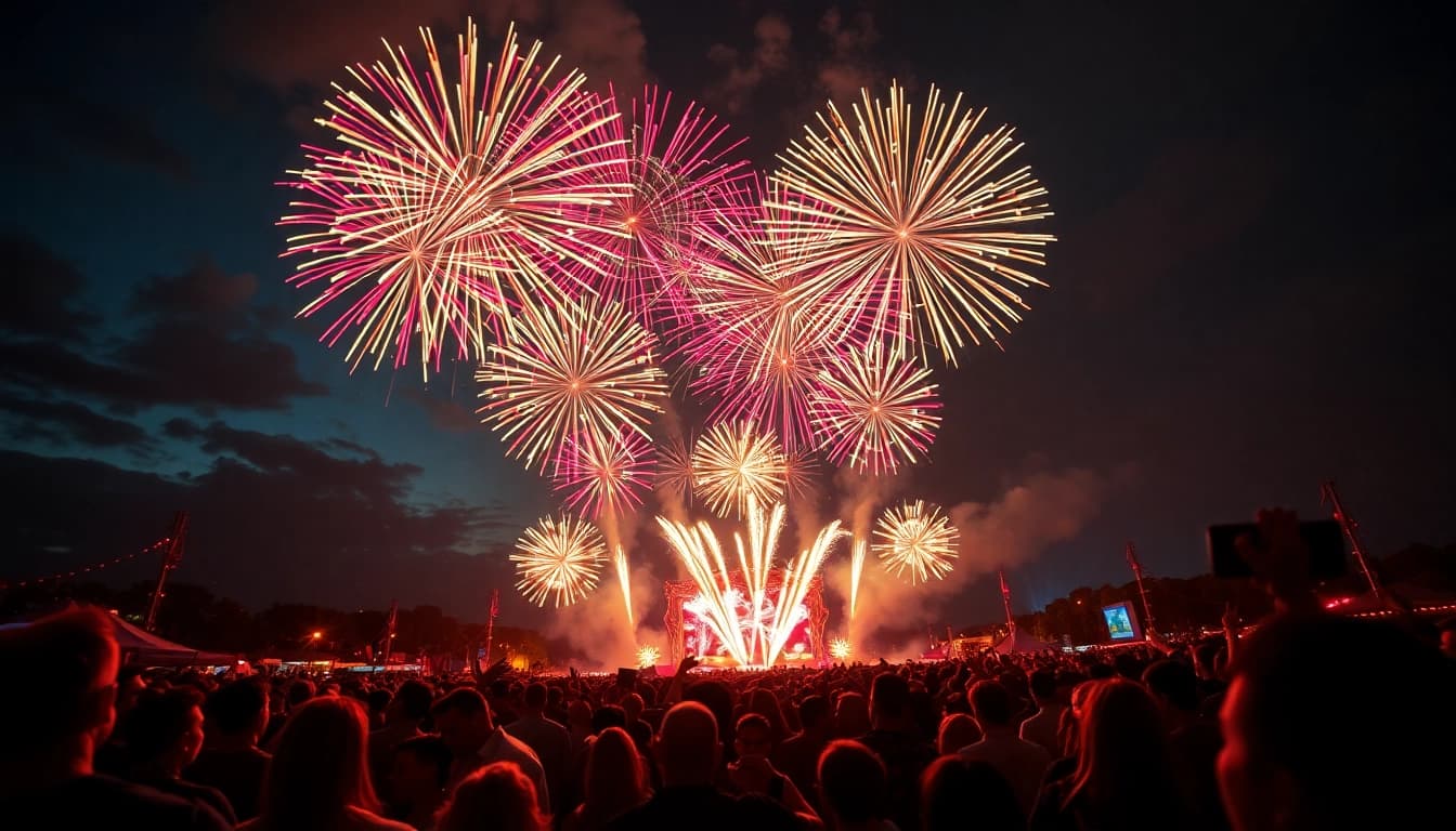 Vibrant fireworks uk show lighting up a festive crowd in a night sky.