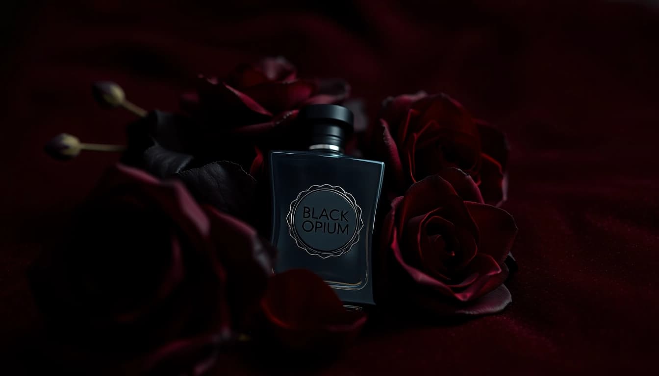 Experience the elegance of Black opium with a luxurious bottle set among dark flowers.