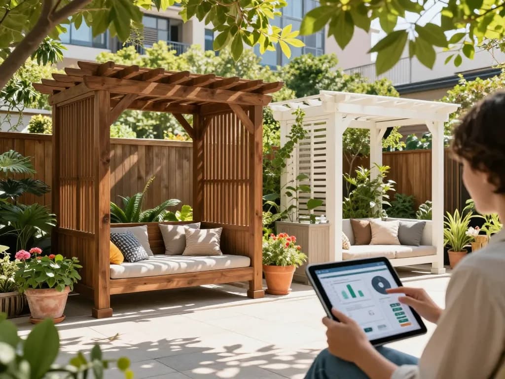 Pergola configurator in action, showcasing customizable pergola designs in a vibrant outdoor garden setting.
