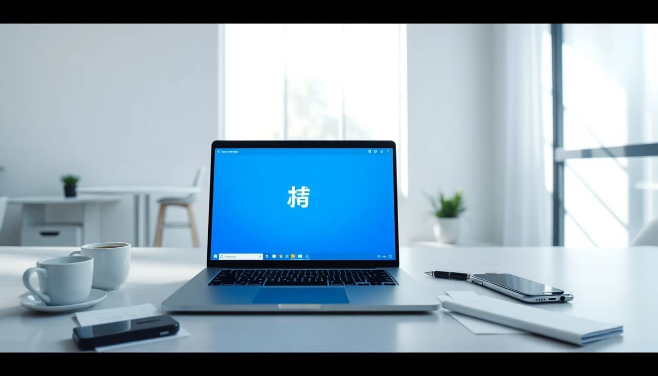 在现代工作空间的笔记本电脑上显示的快连下载应用界面。