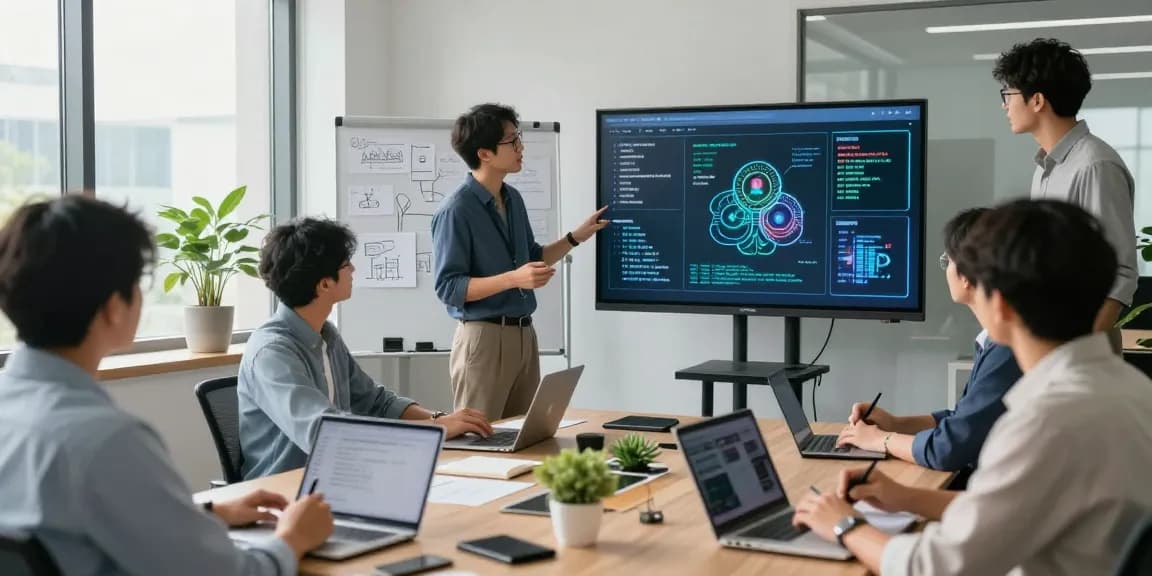 Team collaborating on AI projects in a modern office setting, featuring discussions and innovative technology, highlighting ia +18 integration.
