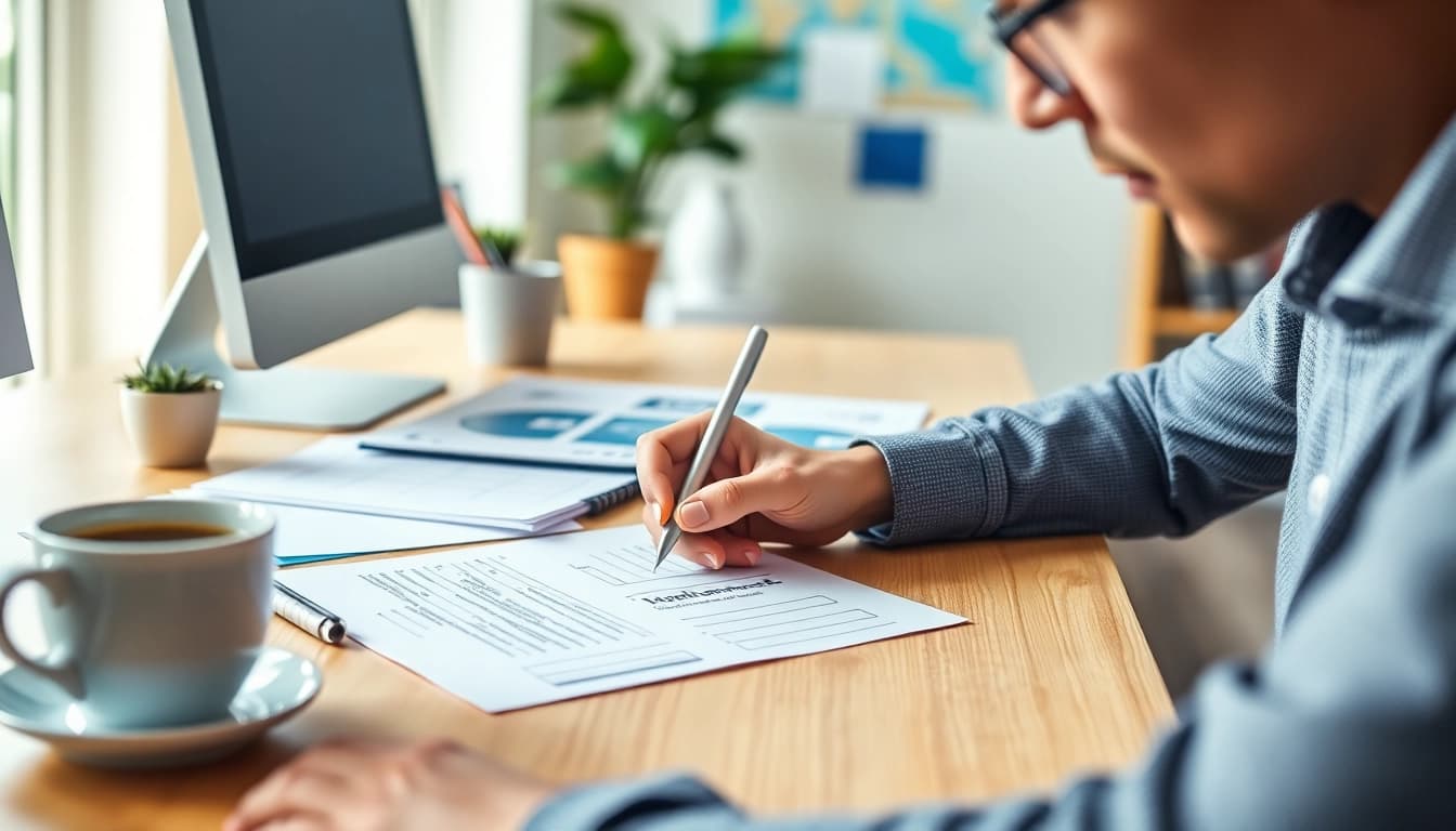 Filling out the eta uk application form in a professional workspace with focused intent.