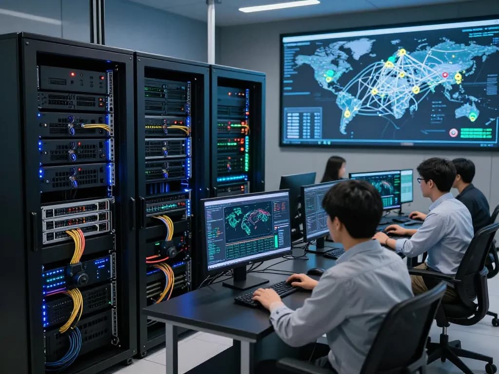 快连 advanced networking technology with engineers monitoring global traffic in a modern data center.