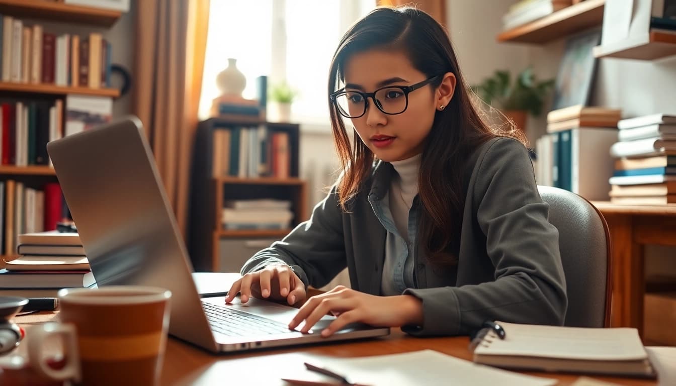 Engaged student utilizing online exams help in a cozy home study space with a laptop.