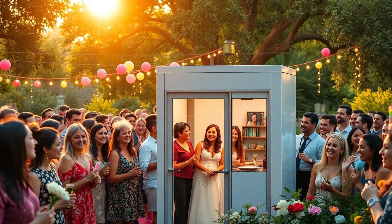 Capture joyful moments at a photo booth rental during a wedding celebration.