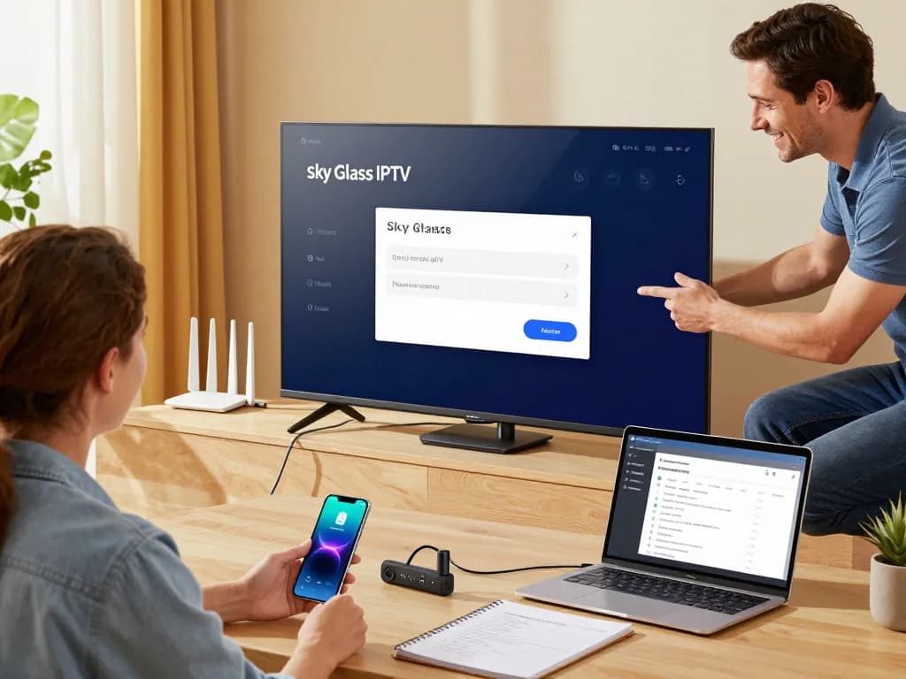 Setting up Sky Glass IPTV installation Guide on smart TV with user assistance and compatible devices in a bright living room.