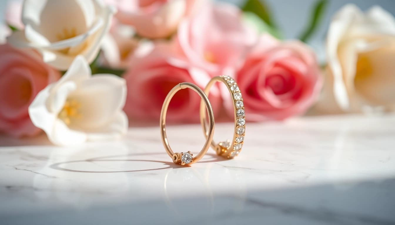 Showcase Valentine’s Day cartilage hoop earrings UK in an elegant design on a marble surface.
