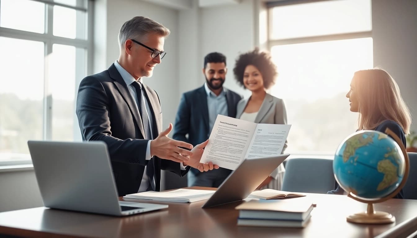 Immigration lawyer in the US consulting with clients in a professional office setting.