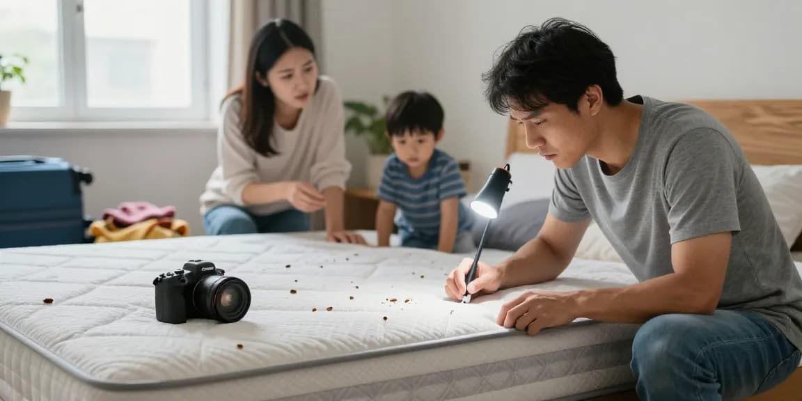 Bed bug exterminators examining a mattress in a family home
