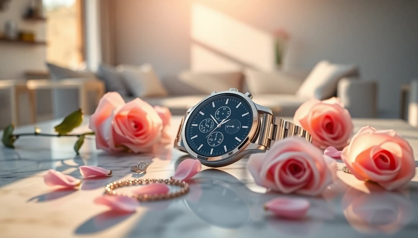 Showcase of a Ladies Classic Smart Watch with elegant design, surrounded by luxurious accessories.