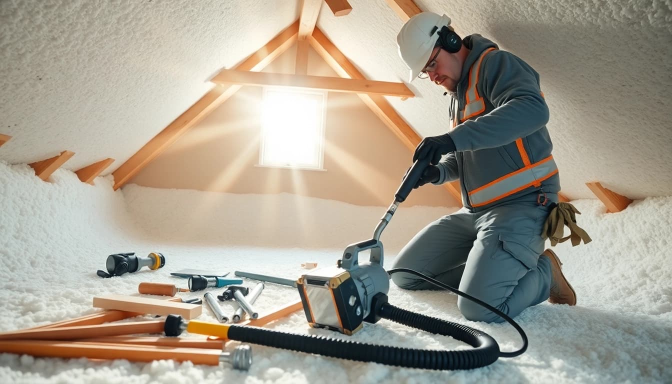 Efficient spray foam loft removal by a technician in a bright attic space.
