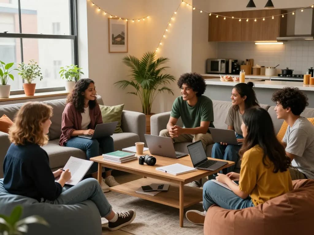 Student accommodation / rental advice blogs featuring friendly students discussing in a cozy living room.