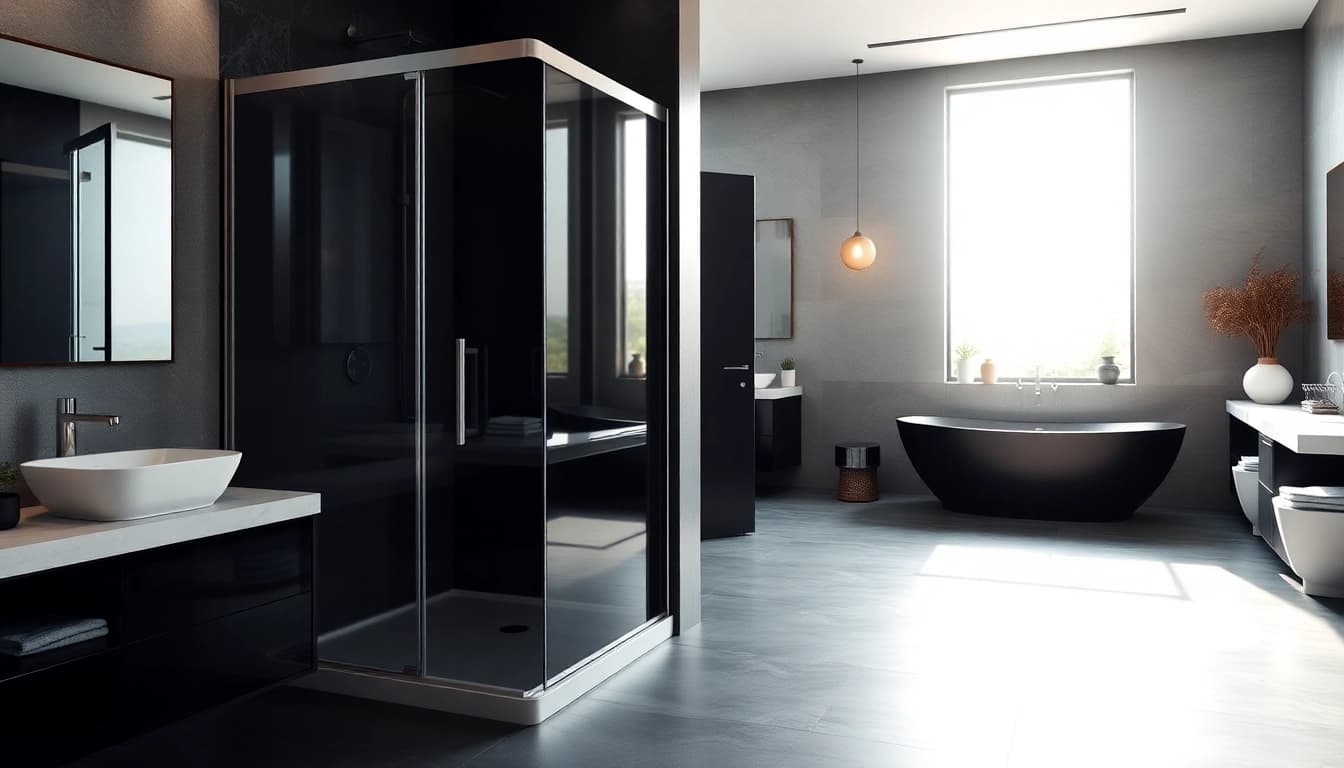 Admire the stylish black shower door with elegant finishes in a modern bathroom.