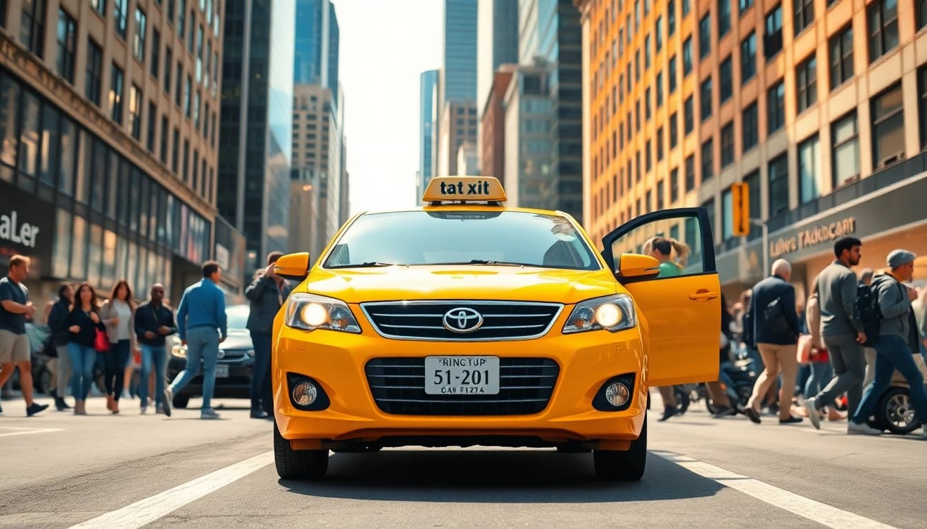 Cabs waiting on a busy street with passengers, showcasing urban transportation.