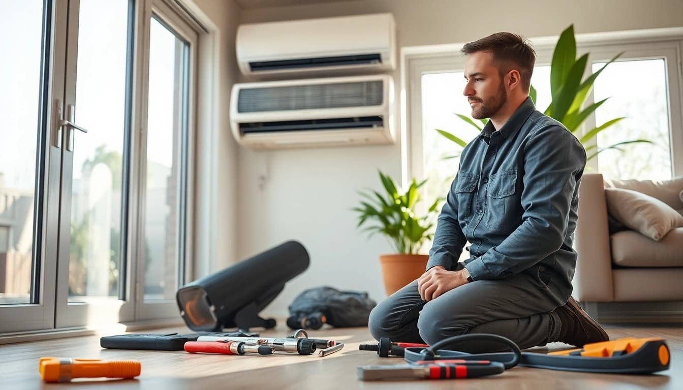 A technician conducts Air Conditioning Repair Tampa in a modern home, showcasing expertise and attention to detail.