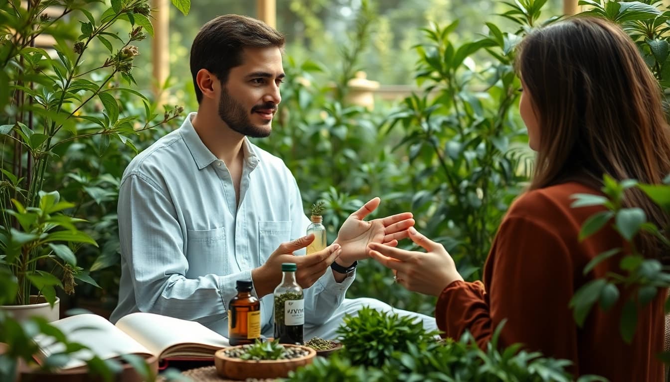 Engage in a personalized Ayurveda Consultation with a practitioner in a tranquil, natural setting.