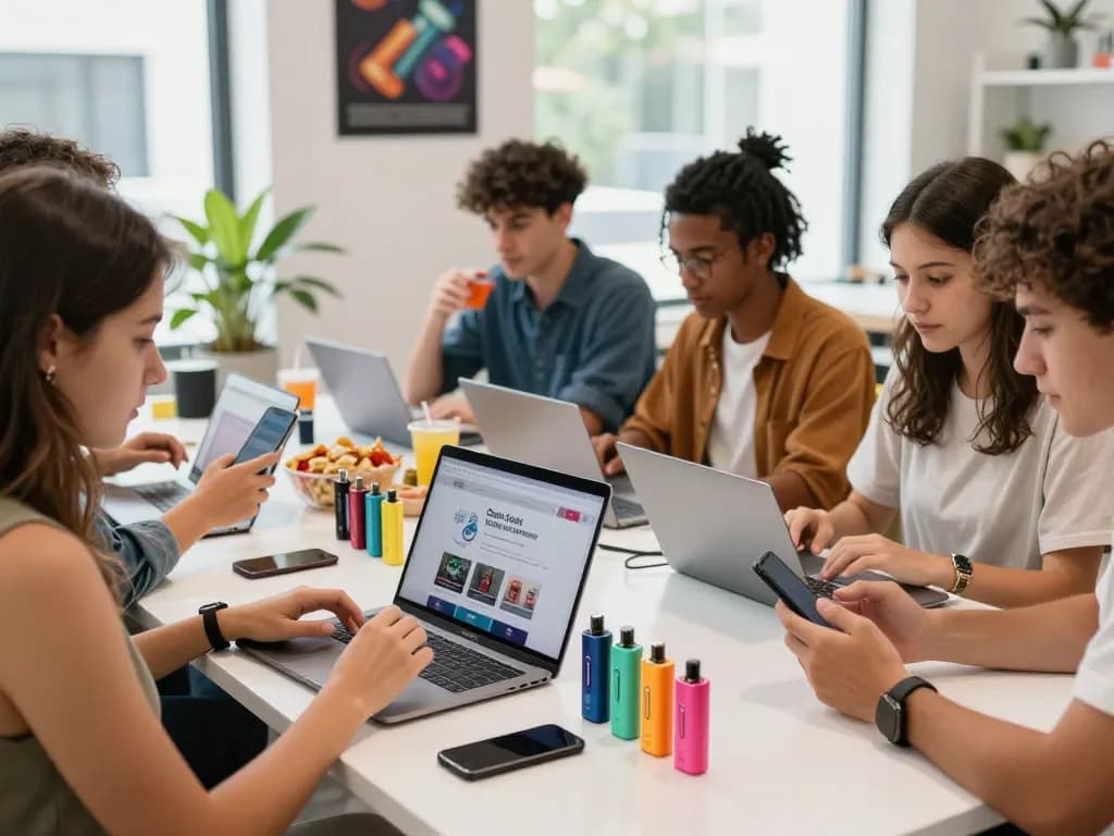 Young adults exploring Clean Carts Official Website with vibrant vaping products