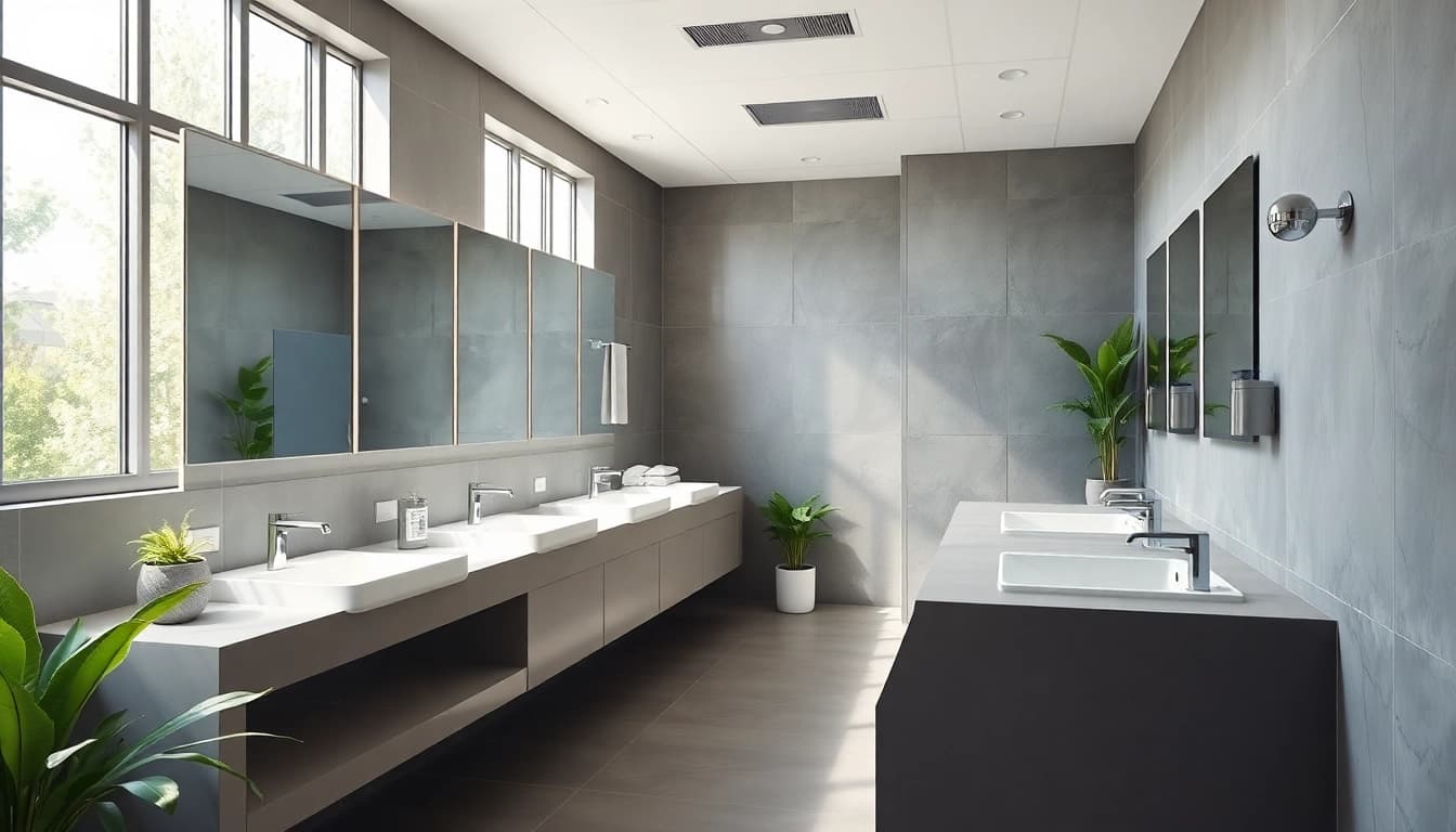 Visual representation of a commercial washroom refurbishment showcasing modern design elements and eco-friendly features.