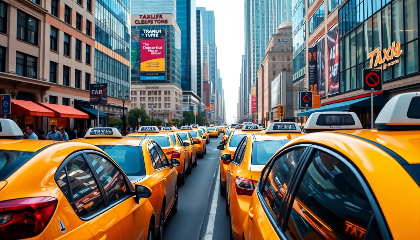 Taxis lined up in a bustling urban street showcasing vibrant city life.