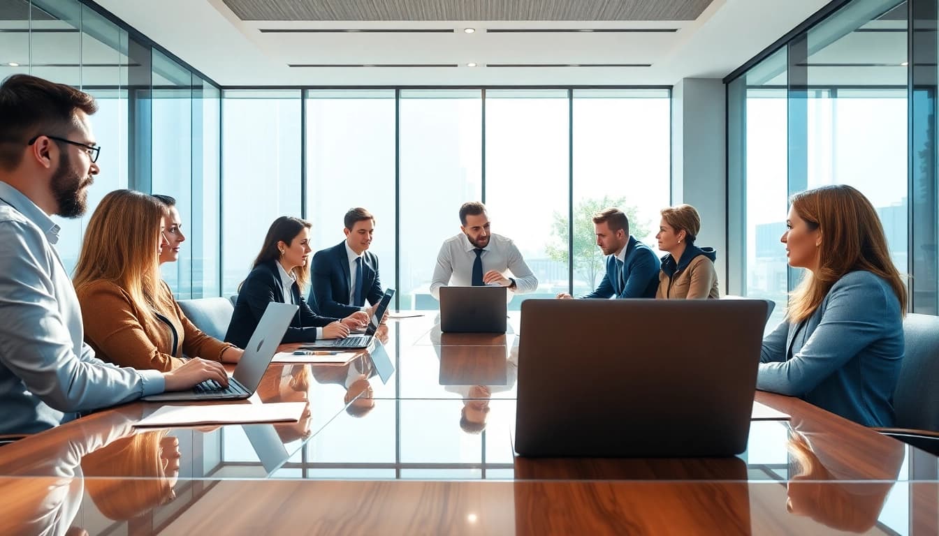 Team collaboration among companies in a bright office meeting space.