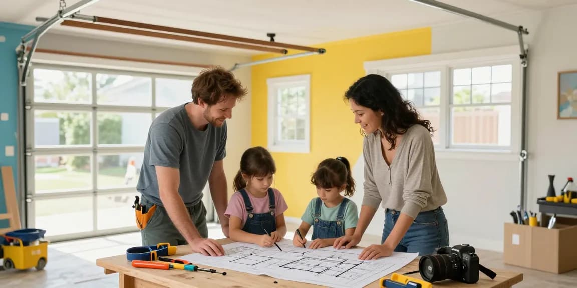 Garage conversion specialist near me helping a family transform their garage into a cozy living area.