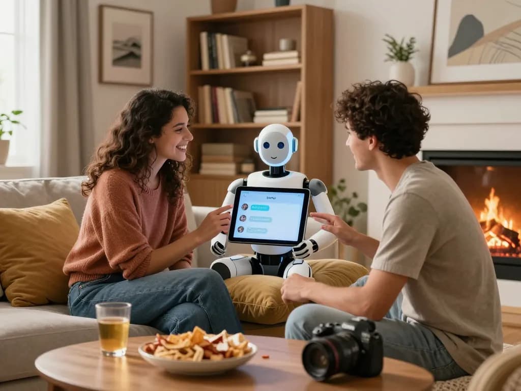 Couple enjoying a cozy chat with a spicy AI character on a tablet in a stylish living room setting.